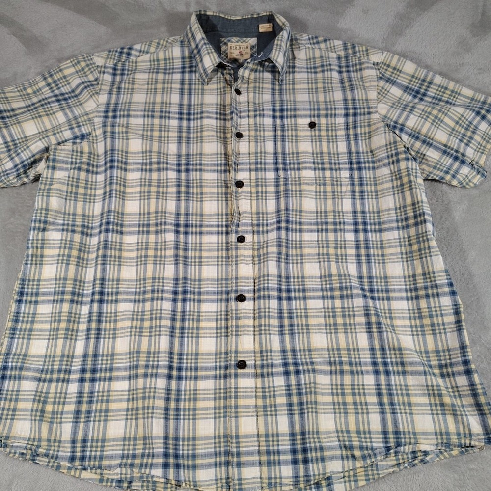 Red Head Shirt‎ Men 2XL Blue Plaid Nerd Office Dad Preppy Comfort Short Sleeve